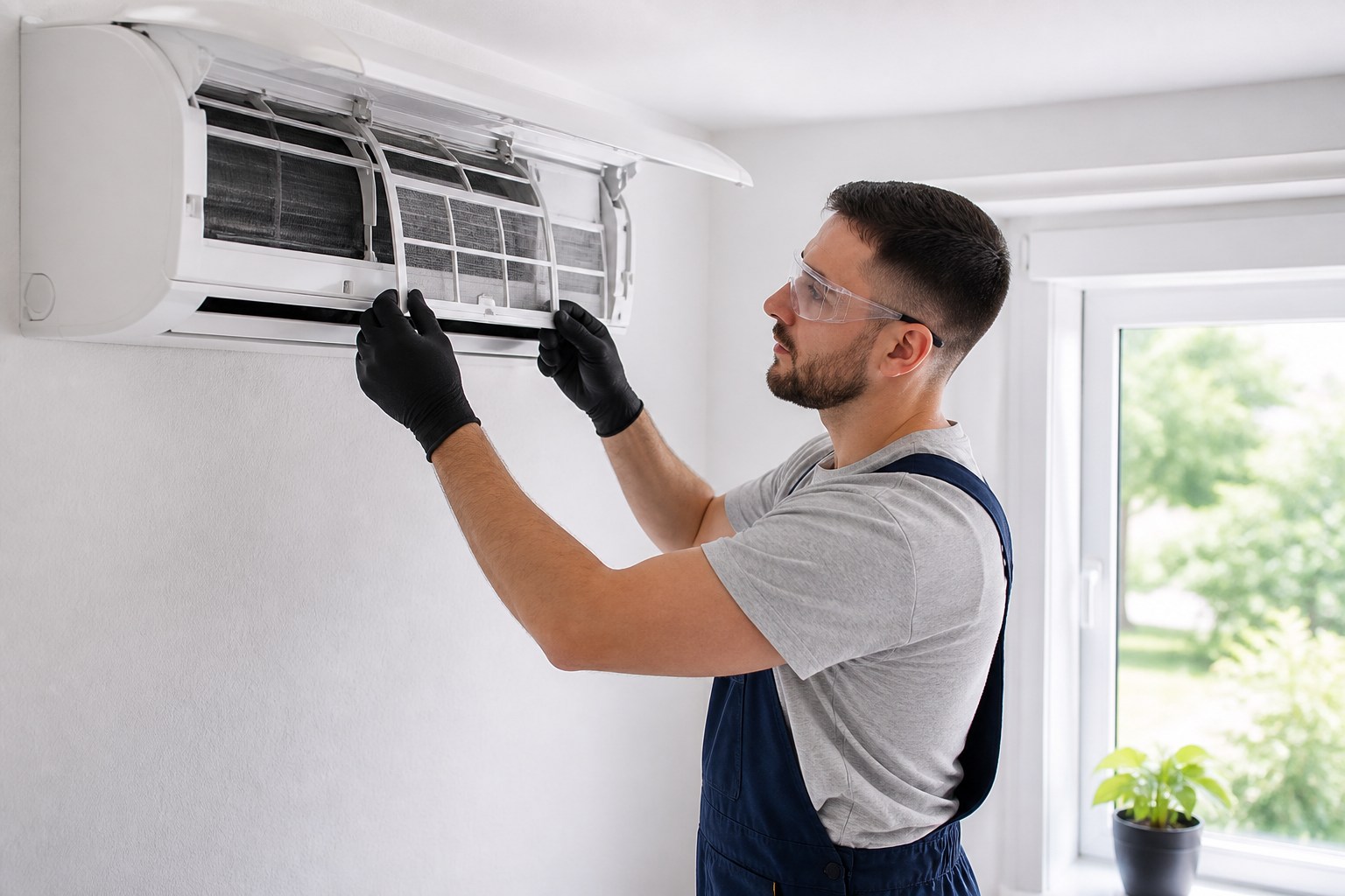 Serwisant w rękawicach i okularach ochronnych sprawdza filtr klimatyzatora ściennego
